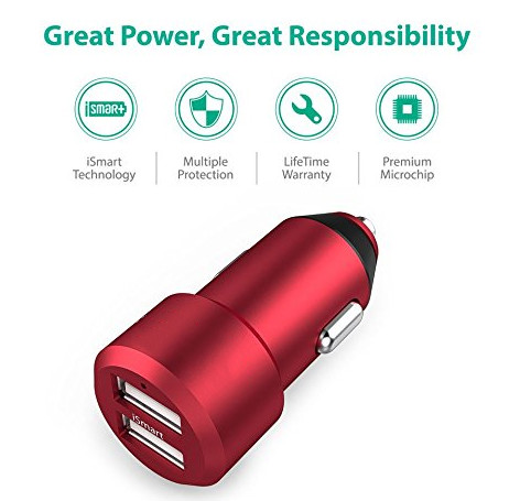 USB Car Charger RAVPower 24W 4.8A Metal Dual Car Adapter with iSmart 2.0 Charging Tech - Black, Red, Gold