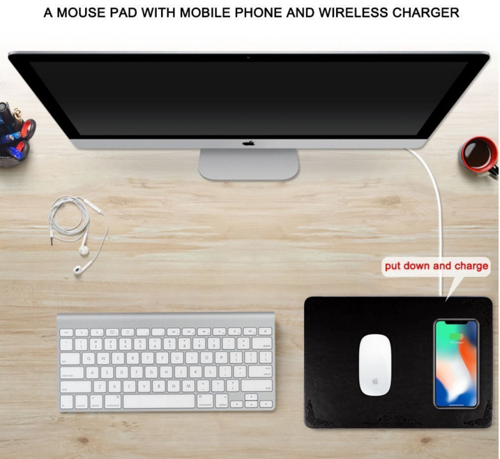 Hoogea-PU Leather Mouse Pad Qi Wireless Charging Pad for iPhone X Mouse Pad Wireless Charger